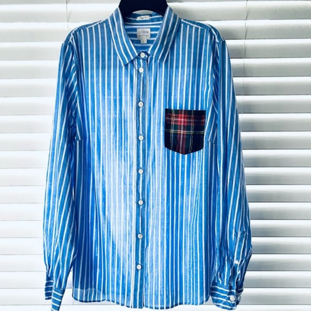 J. Crew Perfect Shirt- Blue Stripe, Tartan Pocket- Size S- NWT
